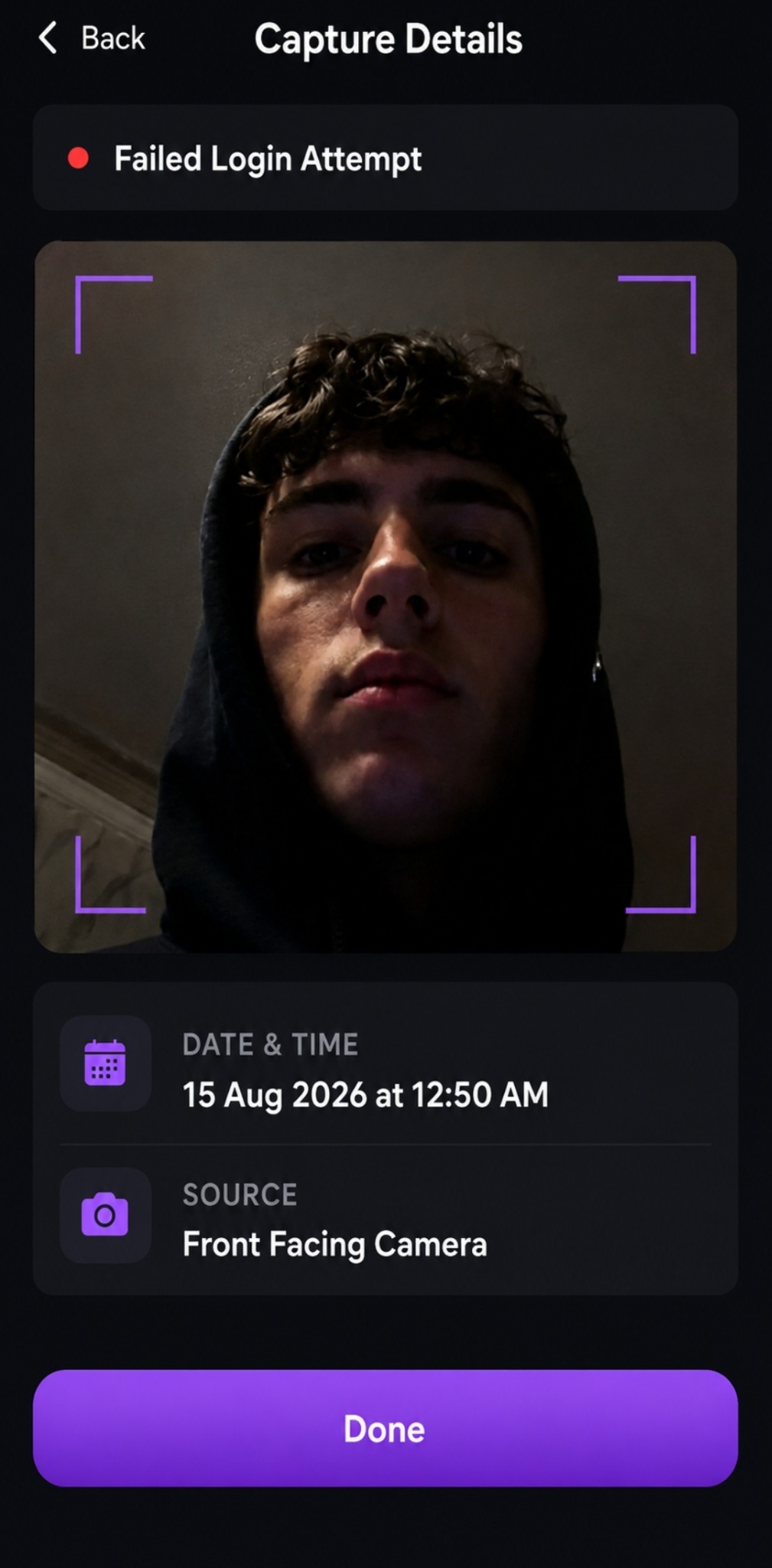 Example intruder-camera capture with failed login status, date and camera source