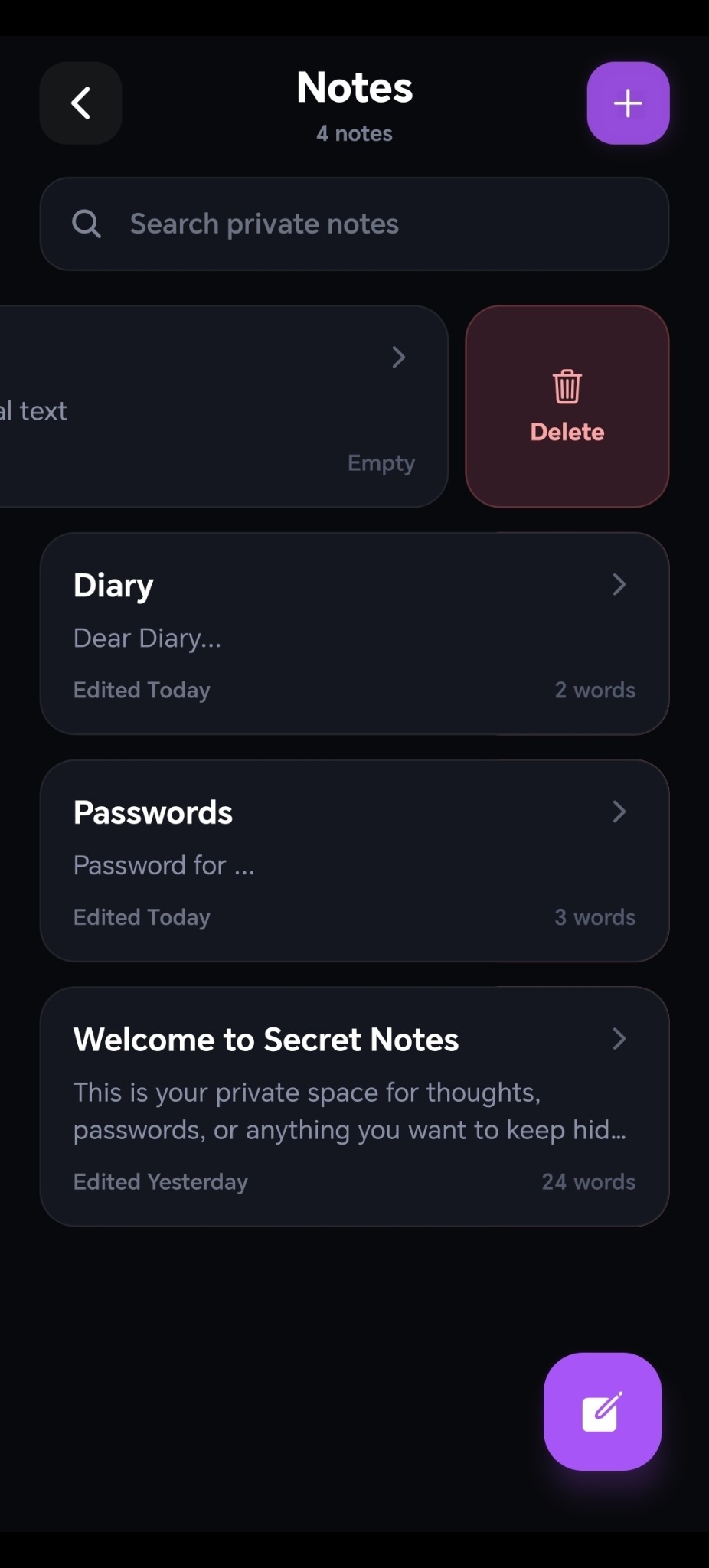 Private Notes screen showing a diary and saved notes