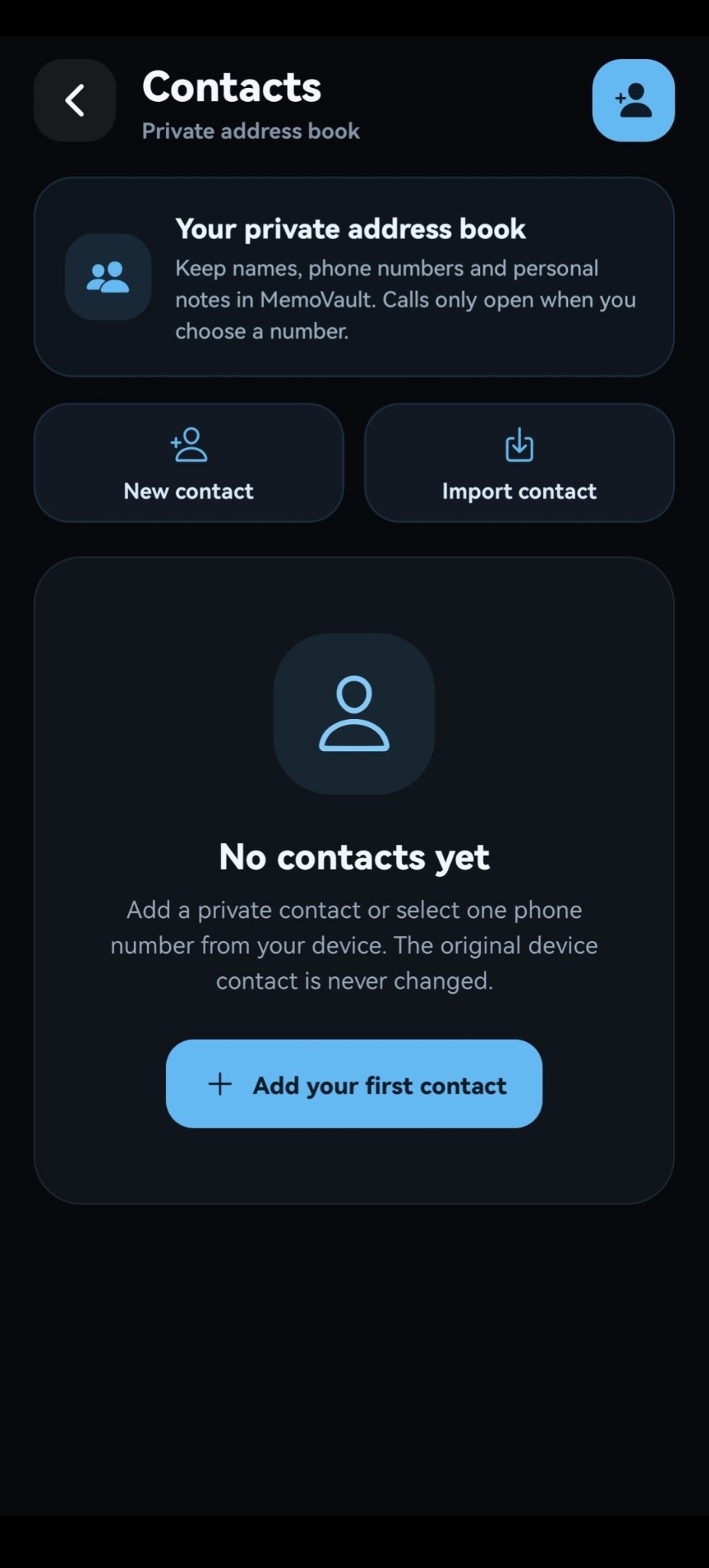 Private Contacts screen with add and import options