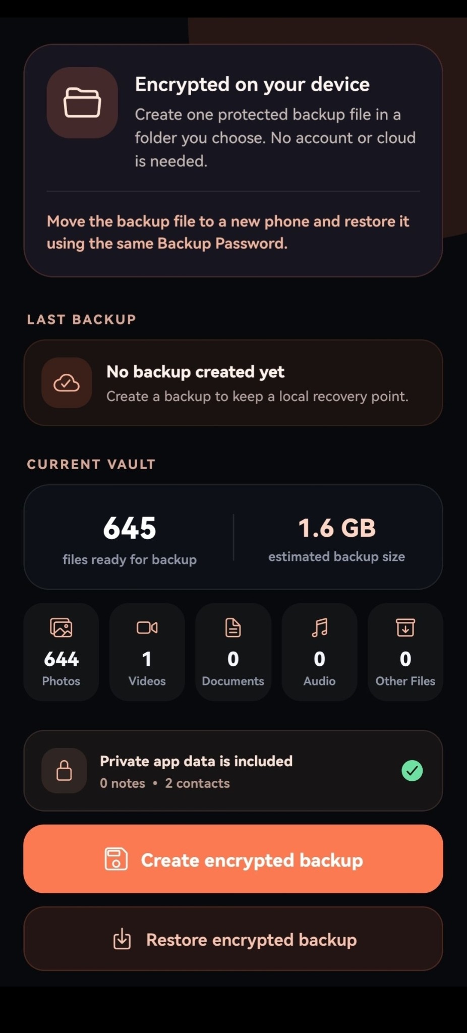 Backup screen with encrypted backup and restore controls