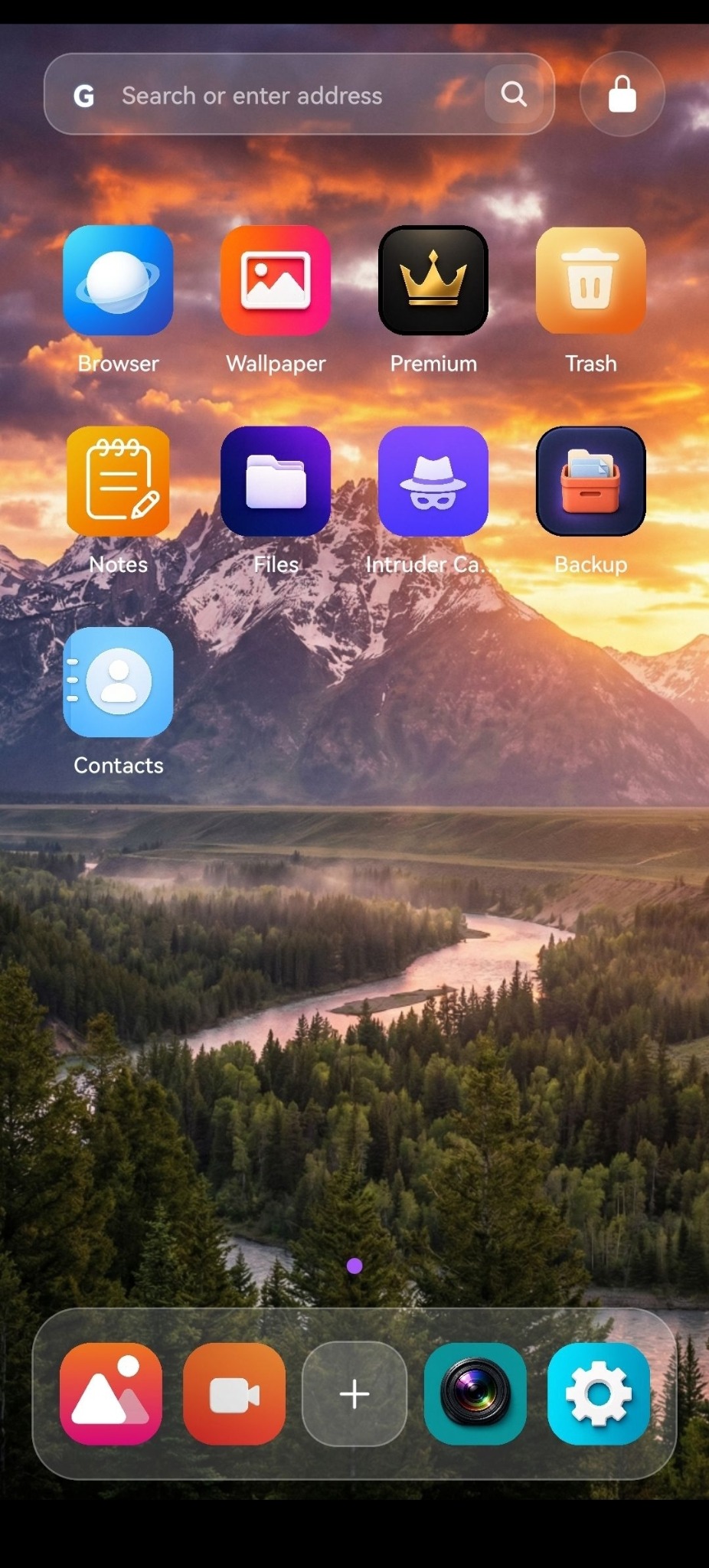 MemoVault private home screen with Files, Notes, Browser, Contacts and Backup apps