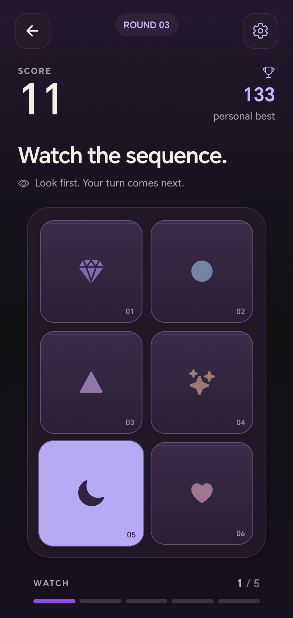 Playable memory game showing a sequence of six tiles